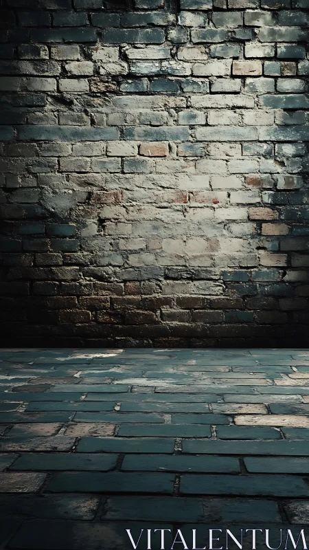 Old brick wall and worn brick floor in moody side light.