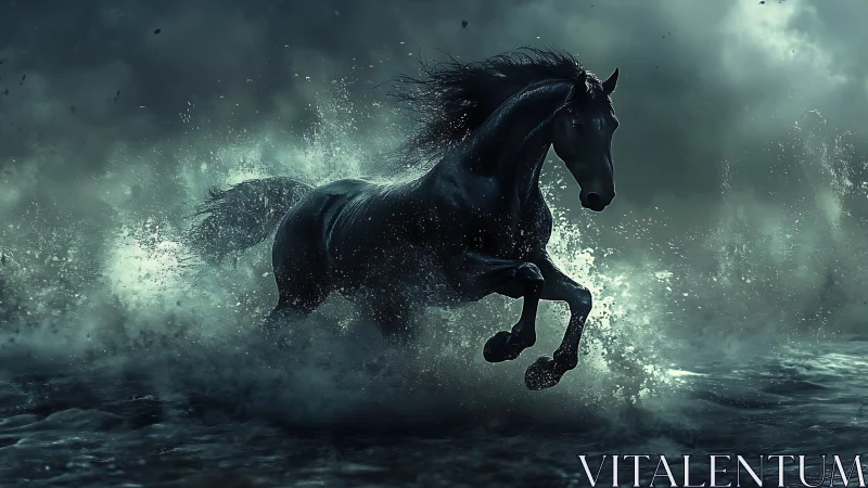Black horse runs through turbulent water under storm clouds