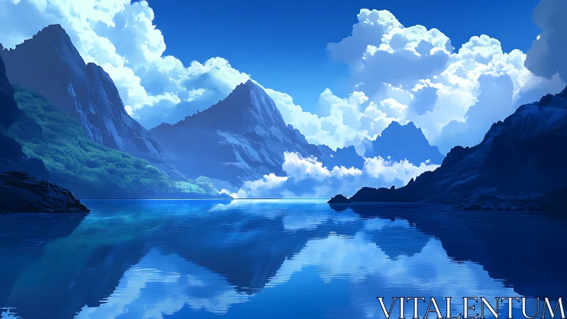 Blue mountain lake with calm reflections and dense clouds.