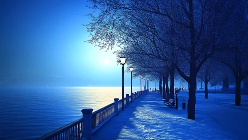 Nocturnal winter promenade along illuminated lakeside railing