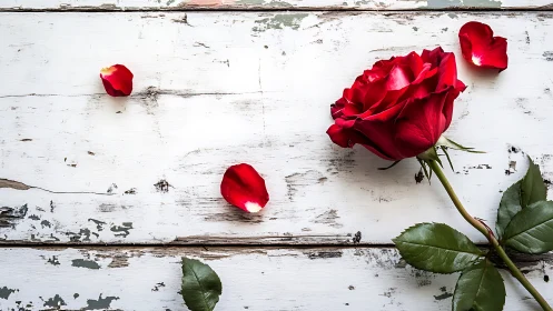 Red Rose with Scattered Petals on Whitewashed Wood.