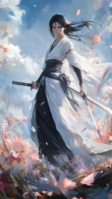 Lone samurai stands in a storm of petals beneath bright sky
