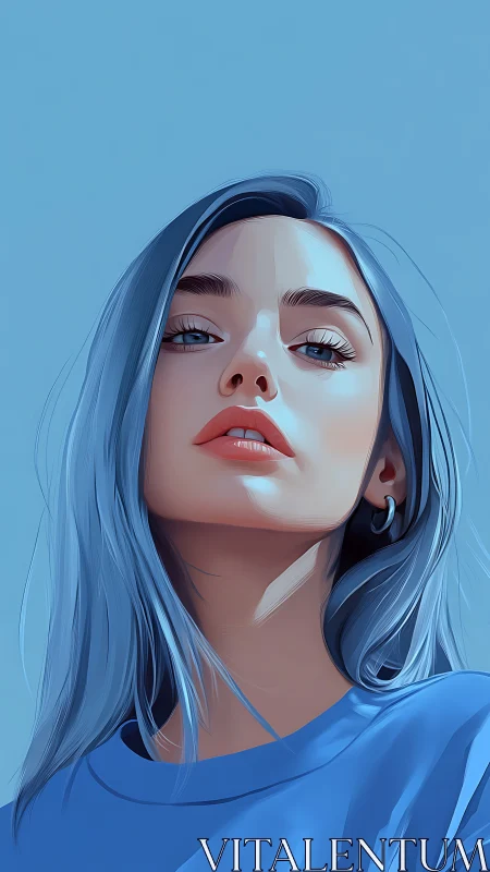Digital portrait of young woman with blue hair and shirt.