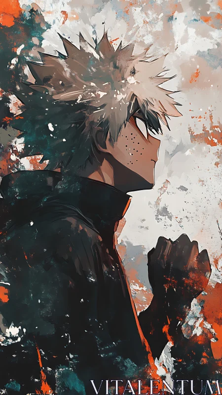 Profile view depicts spiky haired figure amid abstract paint