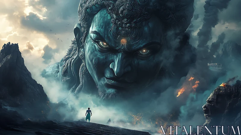 Colossal mythic deity confronts lone figure in stormlit abyss