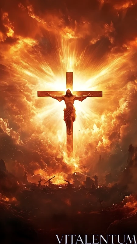 Radiant crucifixion scene glowing with hope amid fiery sky.