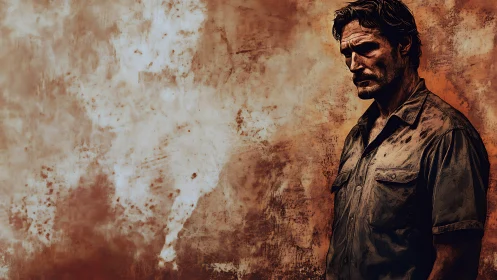 Weathered drifter broods against a rust-stained horizon wall.