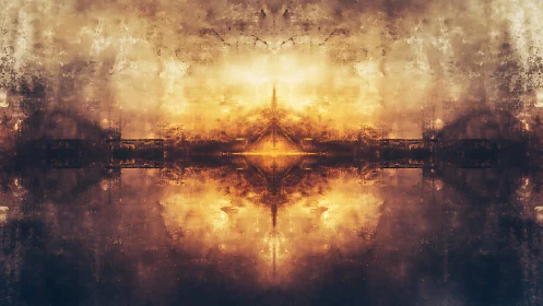 Symmetrical sunset cityscape reflects through textured haze