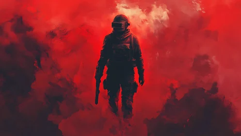 Tactical soldier silhouette in crimson atmospheric smoke field.