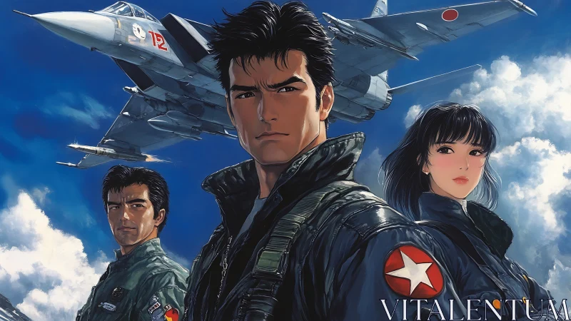 Jet fighter squadron trio under sweeping blue sky painting.