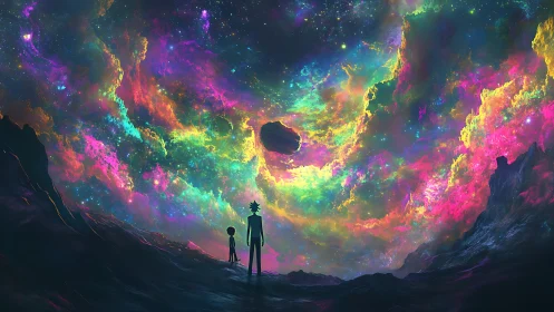 Dual silhouette observers beneath radiant nebular skyfield