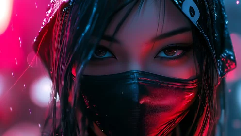 Mysterious masked woman gazes through neon drenched rain