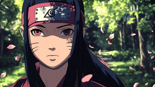 Anime kunoichi portrait under forest light with petals.