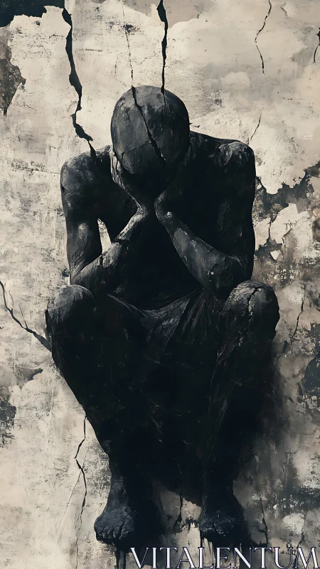 Dark human figure is integrated into fractured concrete wall