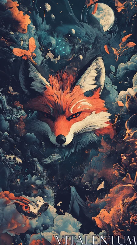 Fox head amid abstract cosmic forest and floating forms.