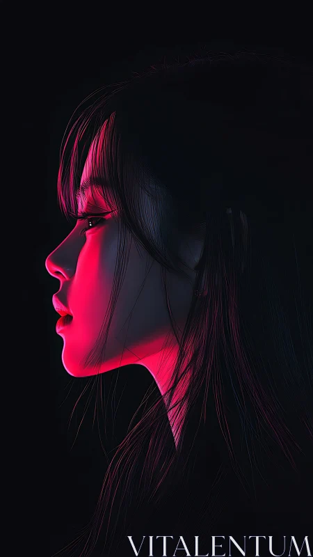 Side profile of woman in red neon light on dark backdrop.