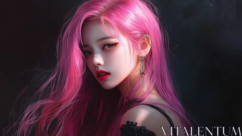 Pink haired woman in dark background digital portrait.