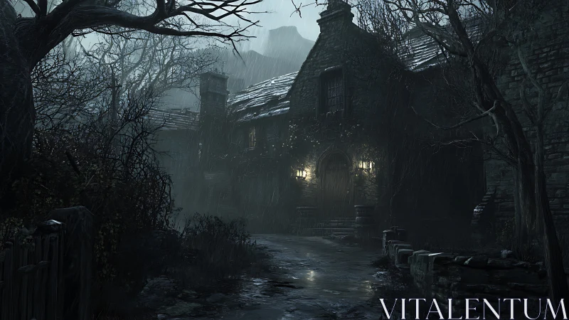 Rain-soaked gothic manor under moody cinematic lighting.