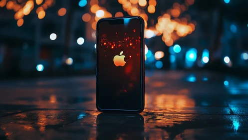 Smartphone with glowing logo on wet street at night.