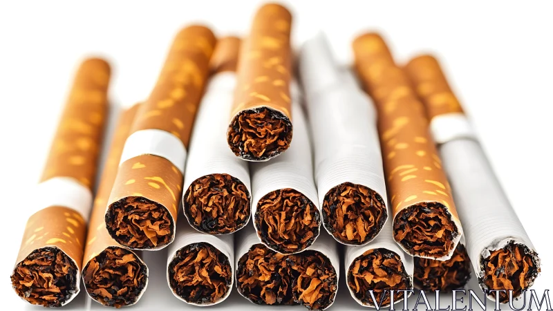 Close-up view of multiple filter cigarettes on white.