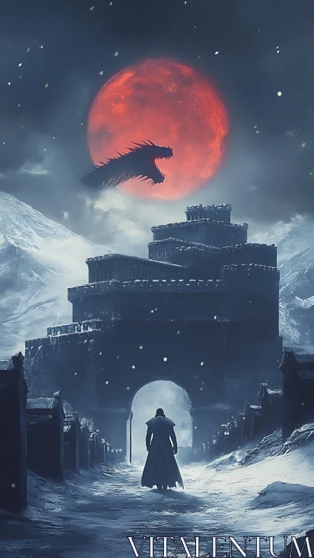 Lone warrior faces fortress under blood red dragon moon.