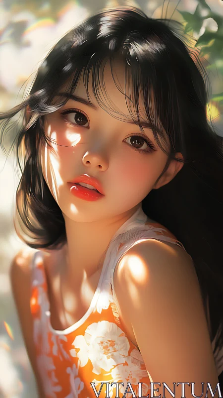 Sunlit daydream girl in orange blooms and soft summer glow.