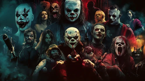 Clown-masked horror ensemble under neon-tinted atmospheric lighting