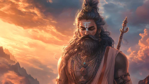 Divine warrior sage amid molten sunset cloudscape panorama.