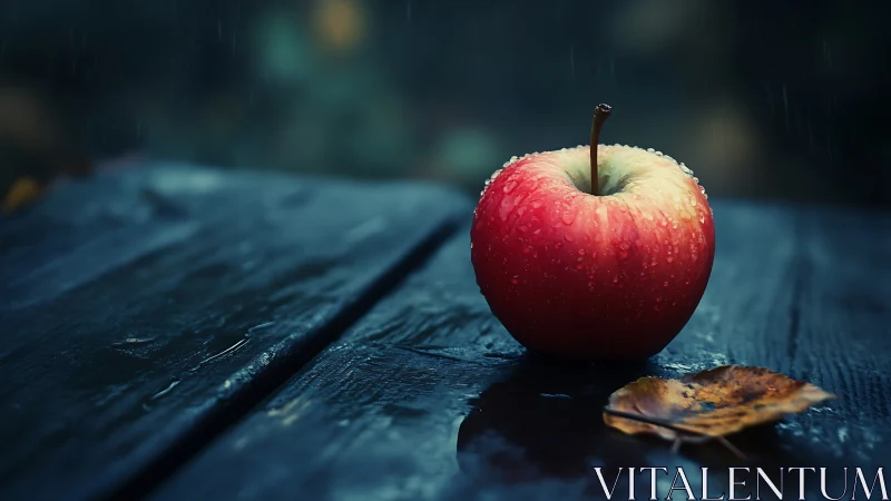 Red apple with rain droplets on dark wet wooden table.