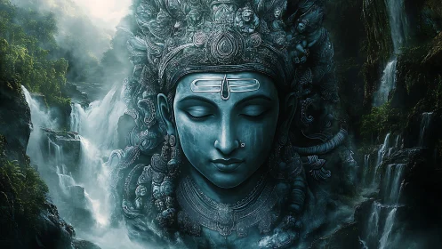 Digital blue stone deity head integrates with waterfall cliffs