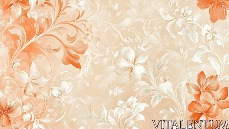 Peach floral arabesque wallpaper with swirling petals motif.