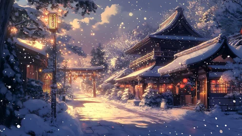 Snow-laden Shinto street illuminated by warm lantern emissive lighting