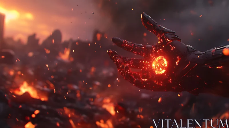 Glowing Hand Rising Through Inferno of Fire and Embers