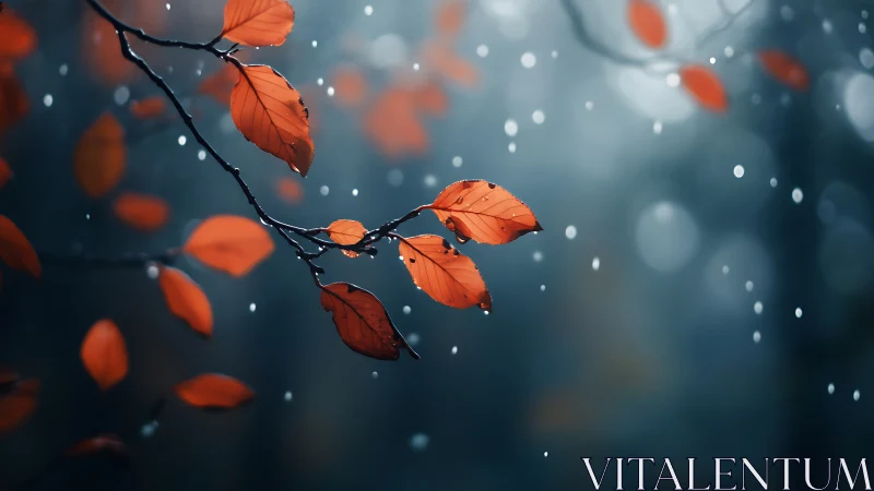 Scarlet autumn leaves glow softly against a misty blue forest