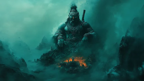 Colossal mist-shrouded stone god above burning mountain temple.