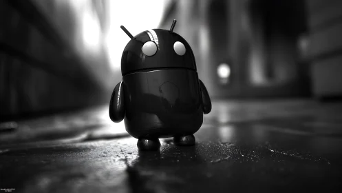 Noir alley android gleams alone in rain-slick city light.