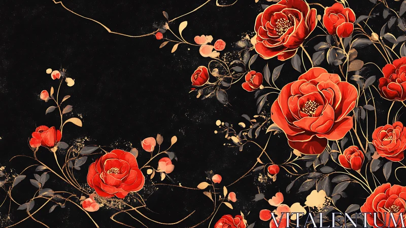 Radiant Red Roses Bloom Against Deep Black Canvas