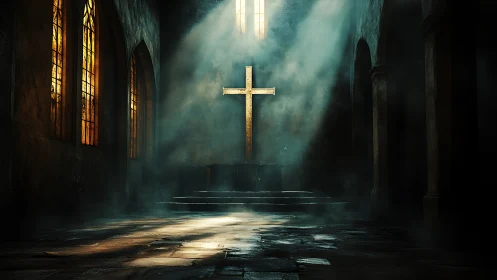 Volumetric light isolating gilded cross in shadowed nave.