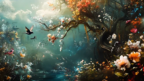 Enchanted woodland pond with birds and clustered blossoms.