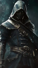 Hooded masked warrior stands in worn leather armor