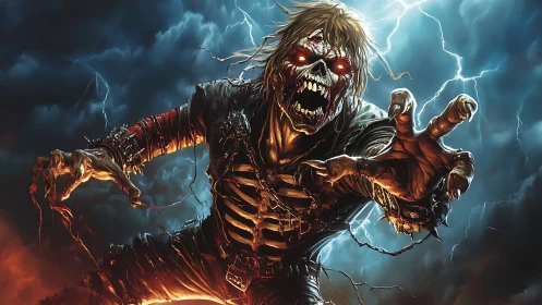 Undead monster charging through storm with blazing red eyes.