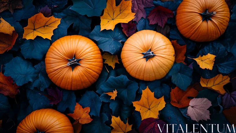 Pumpkins rest among jewel-toned autumn leaves in contrast.