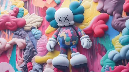 Cartoon vinyl figure drifts over melting neon sculpted wall