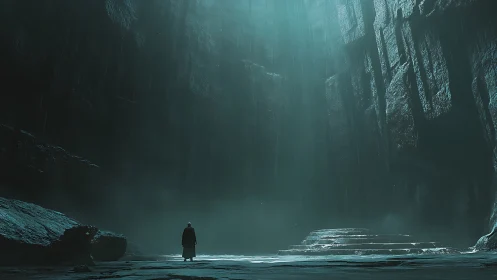 Lone figure confronts towering cavern altar in teal light.