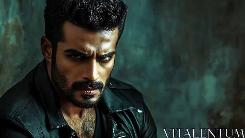 Brooding man in leather jacket under moody teal light.