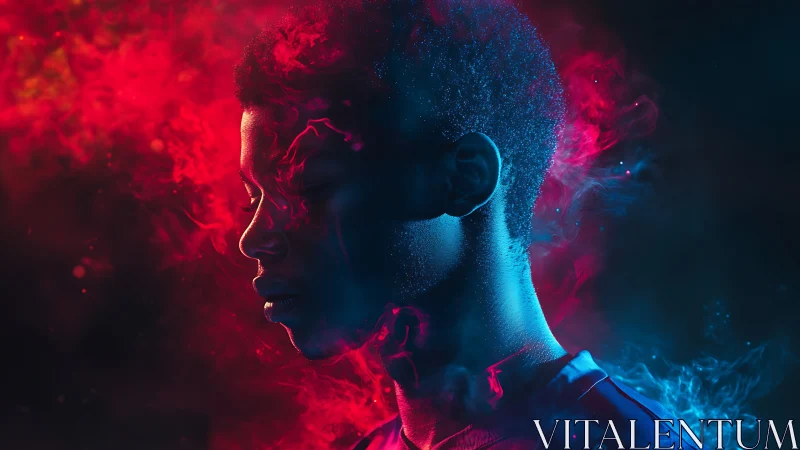 Neon-lit portrait captures quiet strength in swirling red and blue