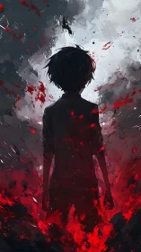 Silhouetted figure within red and gray abstract clouds.