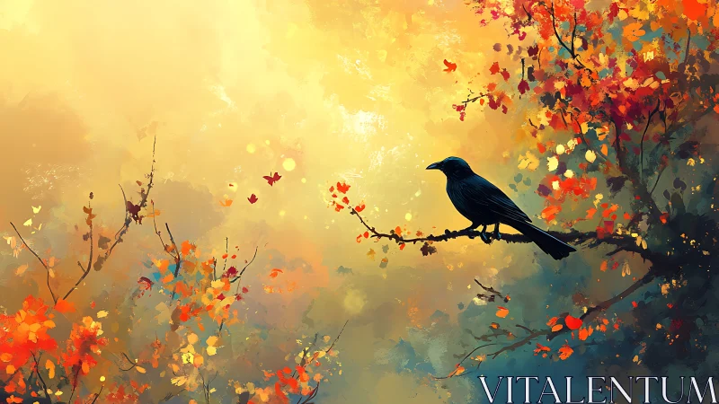 Solitary black bird on autumn branch against bright sky.