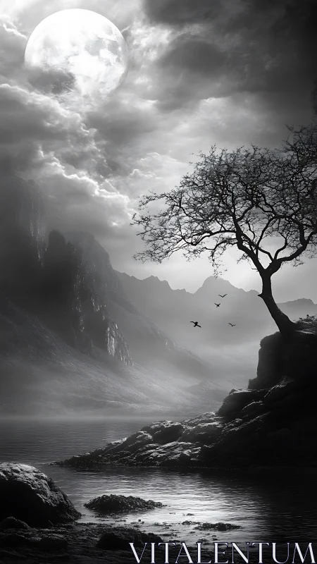 Monochrome lunar coastline renders atmospheric depth with mist layering