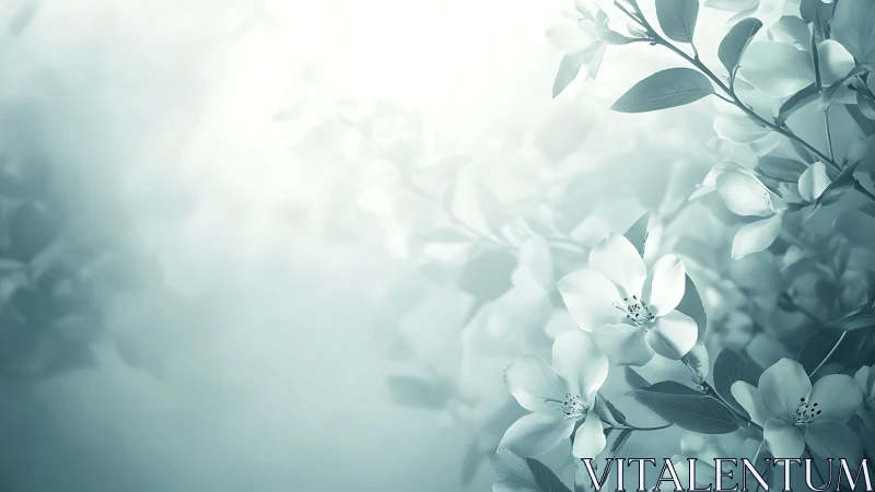 Soft teal blossoms drift through luminous spring haze.